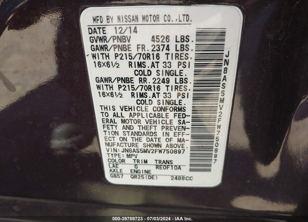 2015 NISSAN ROGUE SELECT S VIN: JN8AS5MV2FW750897
