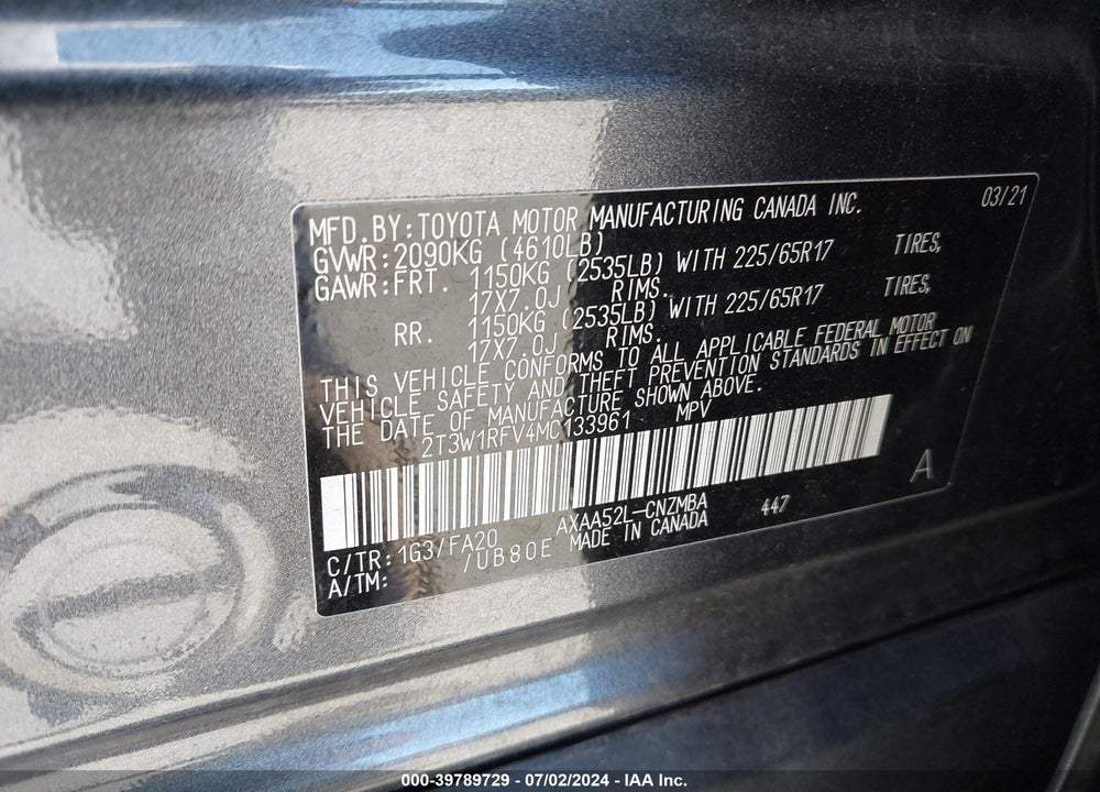 2021 TOYOTA RAV4 XLE VIN: 2T3W1RFV4MC133961