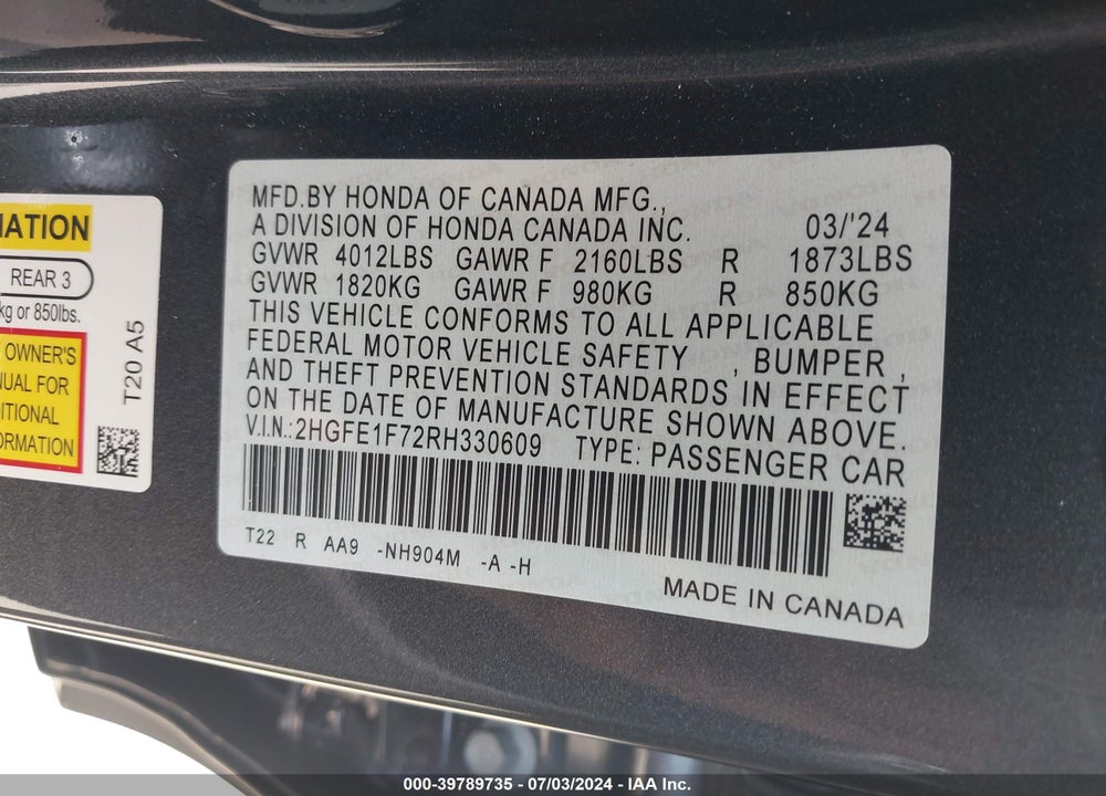 2024 HONDA CIVIC VIN: 2HGFE1F72RH330609