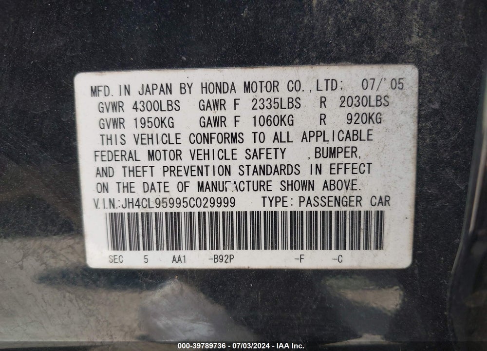 2005 ACURA TSX VIN: JH4CL95995C029999
