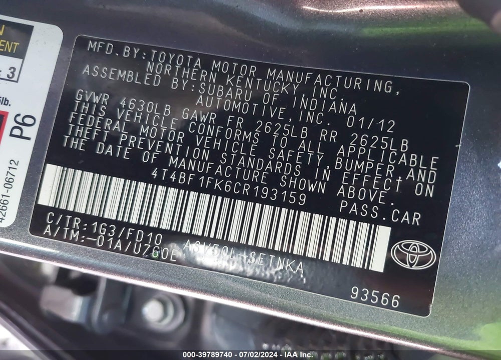 2012 TOYOTA CAMRY LE VIN: 4T4BF1FK6CR193159