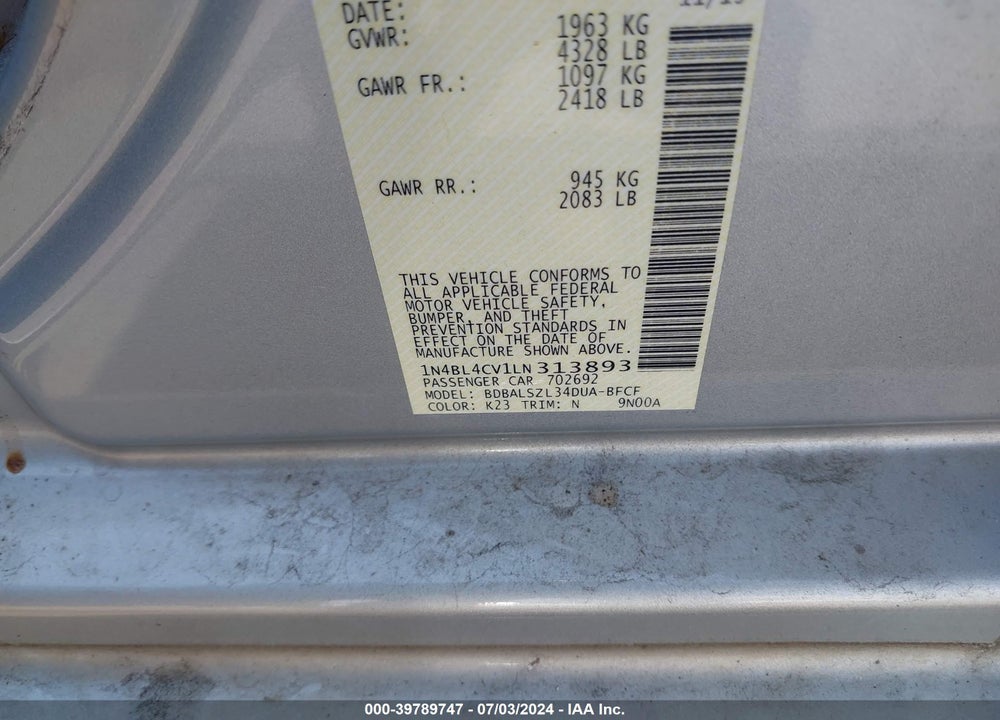 2020 NISSAN ALTIMA SR FWD VIN: 1N4BL4CV1LN313893