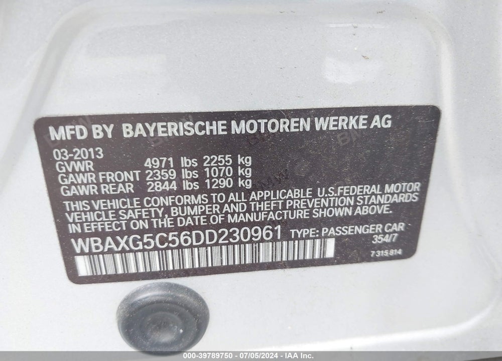 2013 BMW 528I VIN: WBAXG5C56DD230961