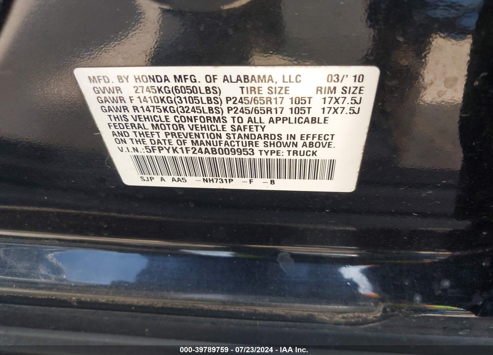 2010 HONDA RIDGELINE RT VIN: 5FPYK1F24AB009953