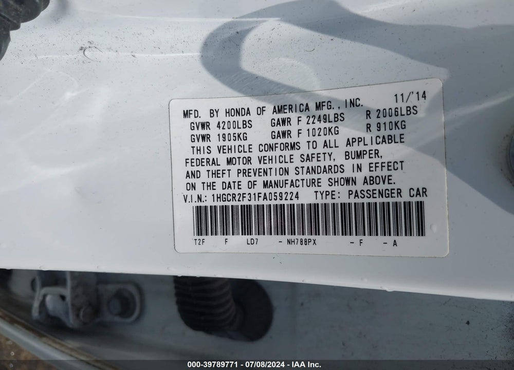 2015 HONDA ACCORD LX VIN: 1HGCR2F31FA059224