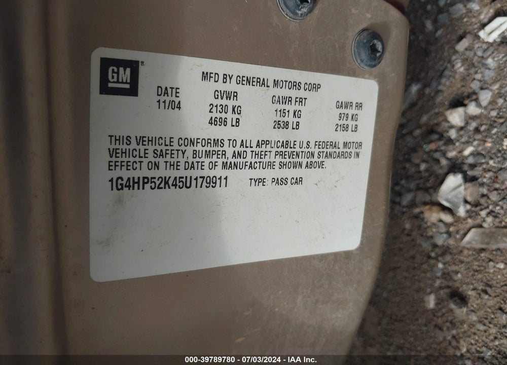 2005 BUICK LESABRE CUSTOM VIN: 1G4HP52K45U179911