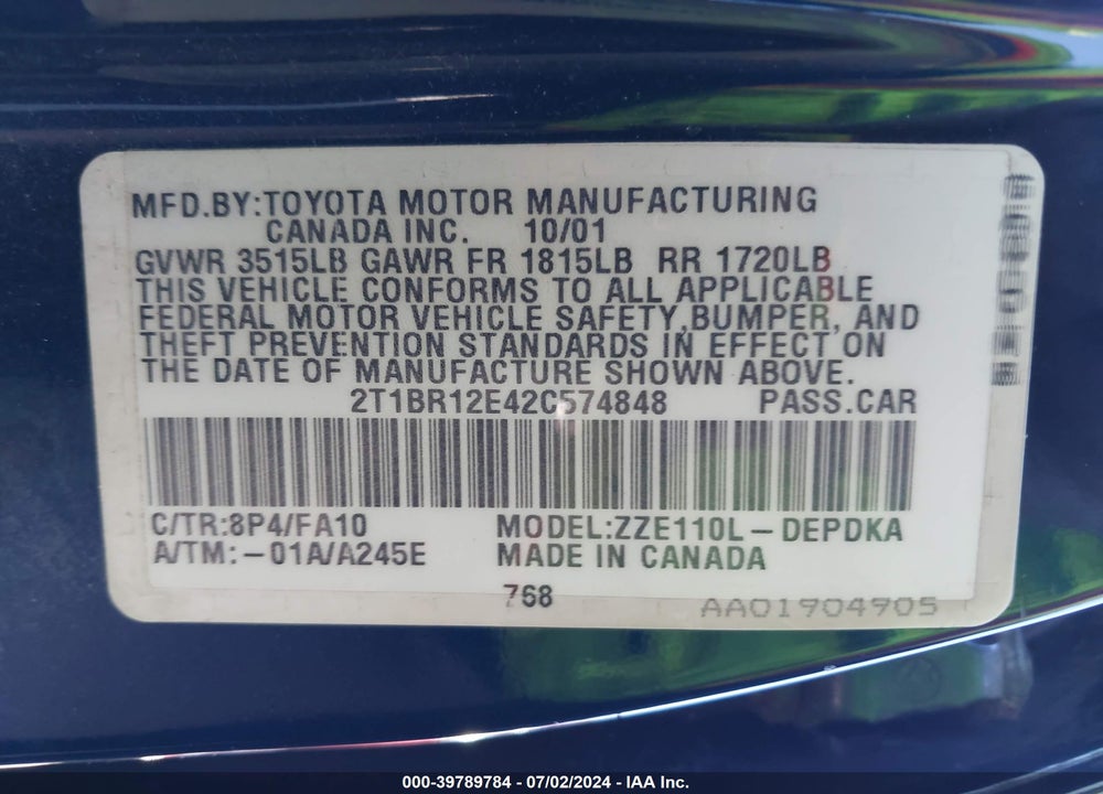 2002 TOYOTA COROLLA LE VIN: 2T1BR12E42C574848