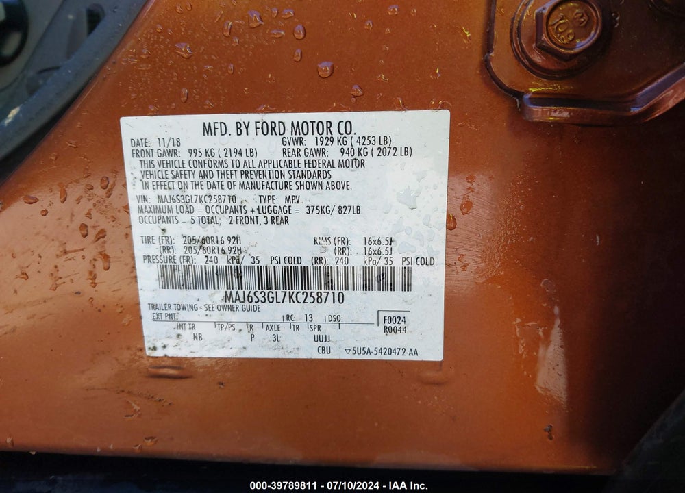 2019 FORD ECOSPORT SE VIN: MAJ6S3GL7KC258710