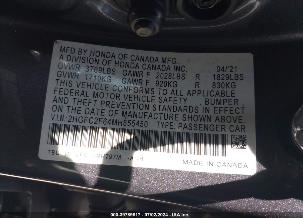 2021 HONDA CIVIC LX VIN: 2HGFC2F64MH555450