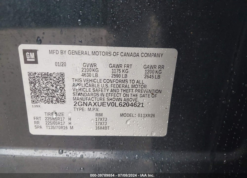 2020 CHEVROLET EQUINOX AWD LT 1.5L TURBO VIN: 2GNAXUEV0L6204621