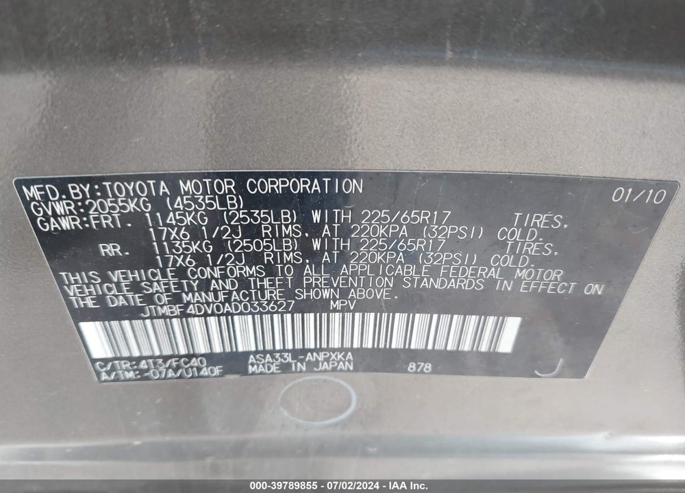 2010 TOYOTA RAV4 VIN: JTMBF4DV0AD033627