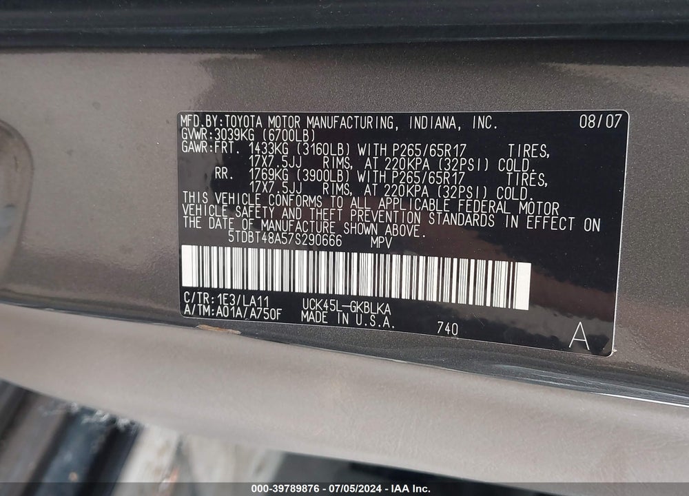 2007 TOYOTA SEQUOIA LIMITED V8 VIN: 5TDBT48A57S290666