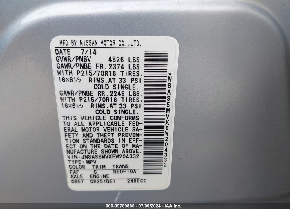 2014 NISSAN ROGUE SELECT S VIN: JN8AS5MVXEW204332