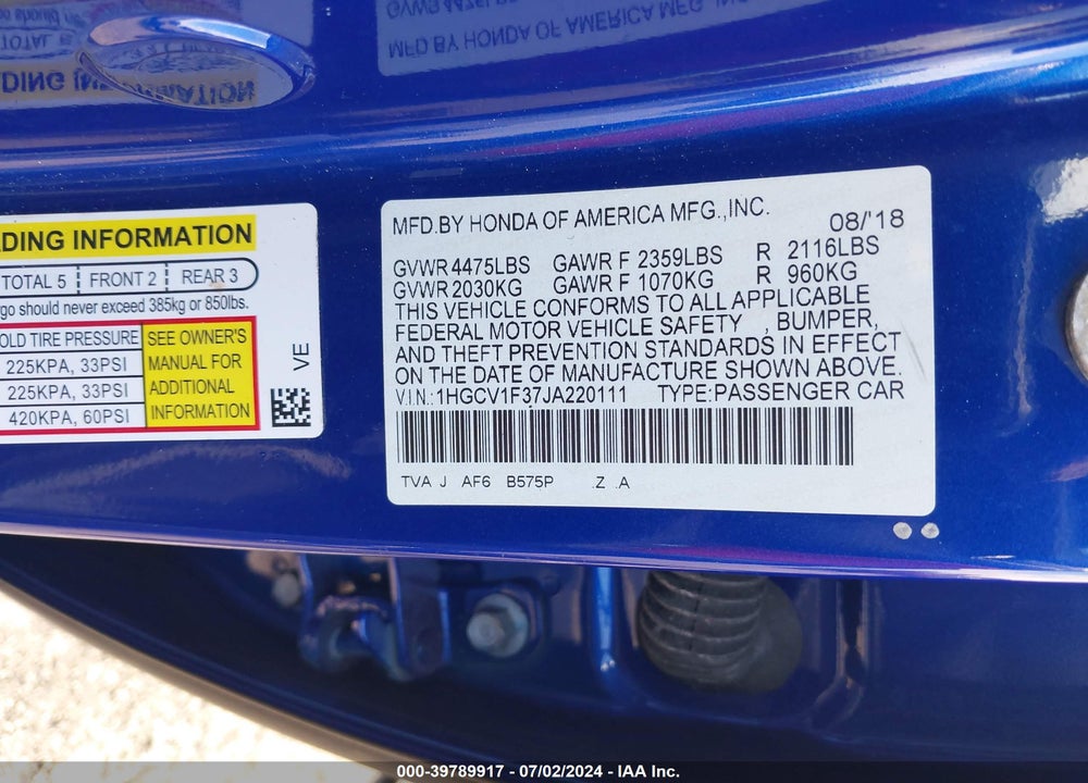 2018 HONDA ACCORD SPORT VIN: 1HGCV1F37JA220111