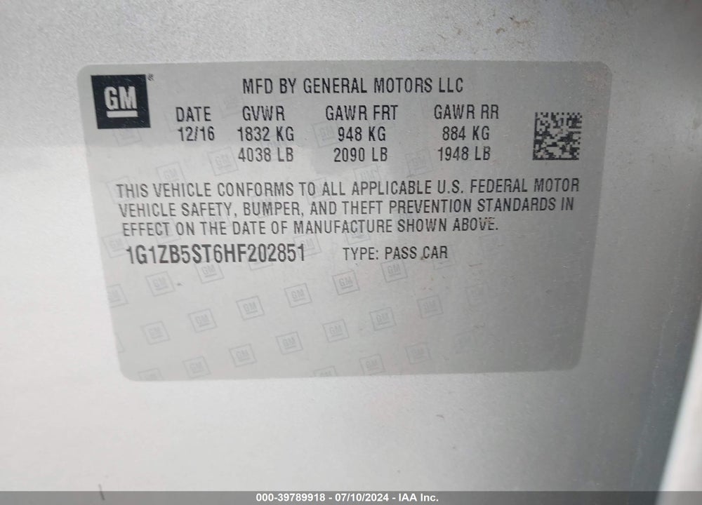 2017 CHEVROLET MALIBU LS VIN: 1G1ZB5ST6HF202851