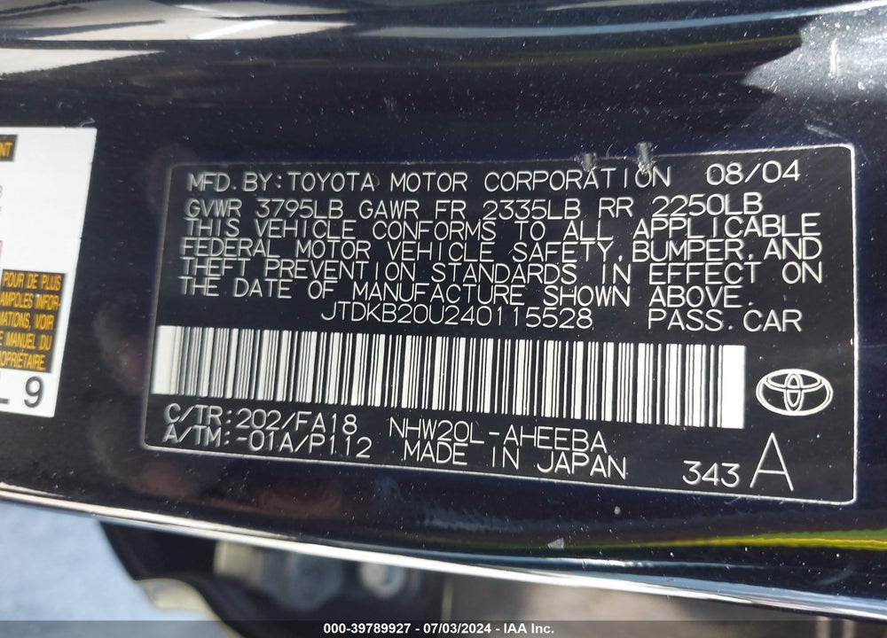 2004 TOYOTA PRIUS VIN: JTDKB20U240115528