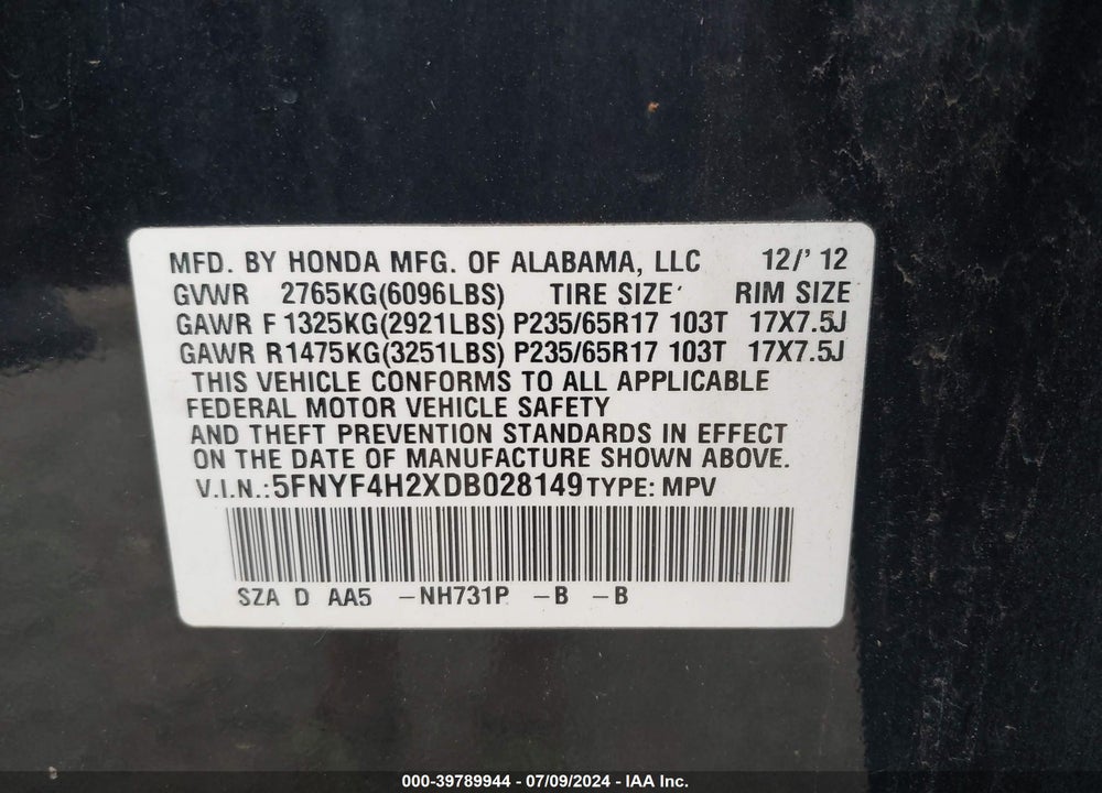 2013 HONDA PILOT LX VIN: 5FNYF4H2XDB028149