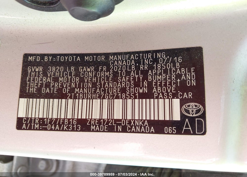 2016 TOYOTA COROLLA LE VIN: 2T1BURHE7GC718551