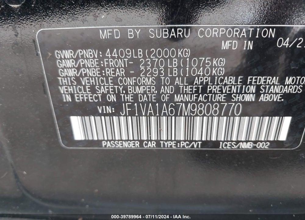 2021 SUBARU WRX VIN: JF1VA1A67M9808770