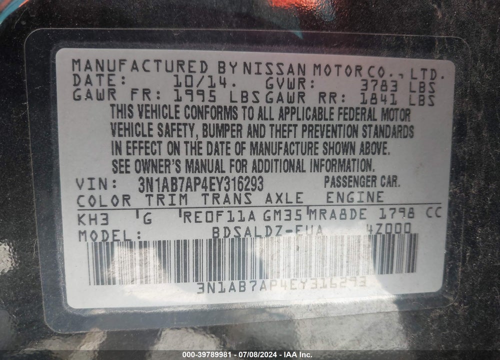 2014 NISSAN SENTRA SV VIN: 3N1AB7AP4EY316293