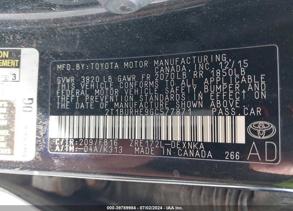 2016 TOYOTA COROLLA LE VIN: 2T1BURHE9GC577871