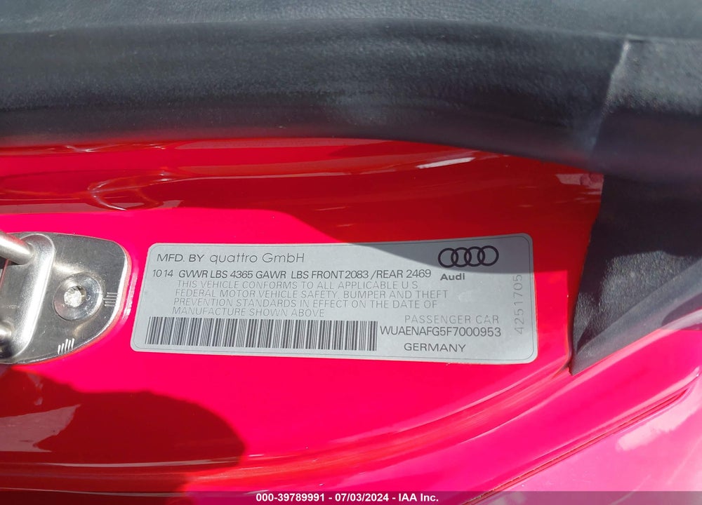 2015 AUDI R8 5.2 VIN: WUAENAFG5F7000953