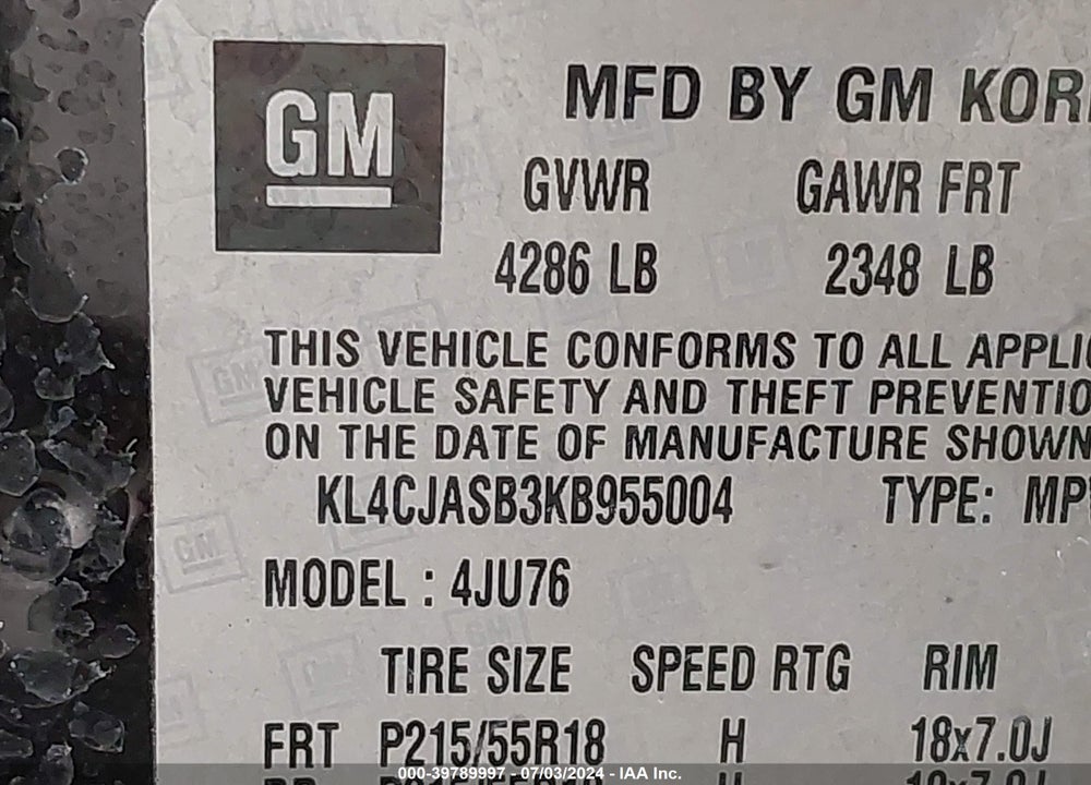 2019 BUICK ENCORE FWD PREFERRED VIN: KL4CJASB3KB955004