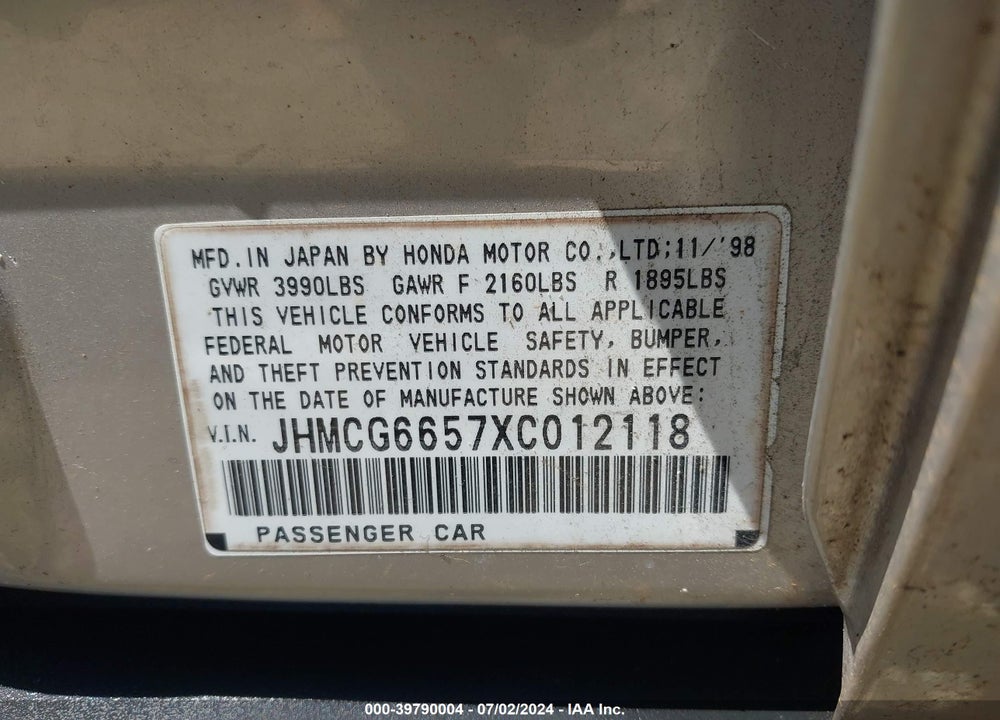 1999 HONDA ACCORD LX VIN: JHMCG6657XC012118