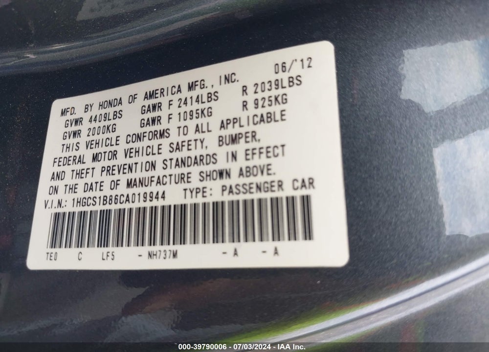 2012 HONDA ACCORD 2.4 EX-L VIN: 1HGCS1B86CA019944