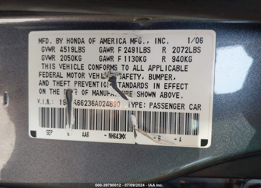 2006 ACURA TL VIN: 19UUA66236A024890