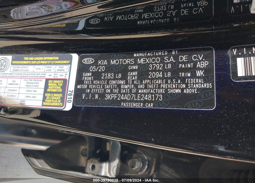 2020 KIA FORTE LXS VIN: 3KPF24AD7LE248173