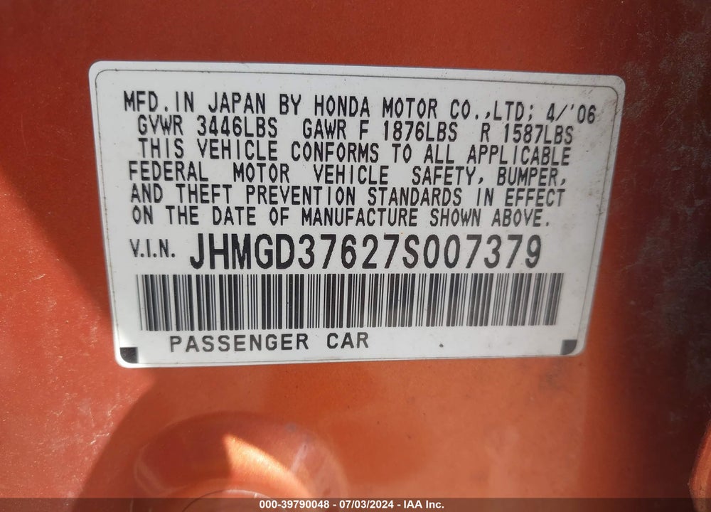 2007 HONDA FIT SPORT VIN: JHMGD37627S007379