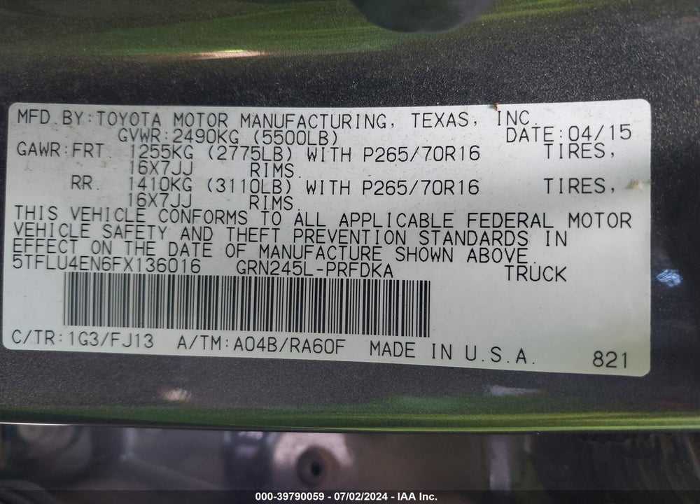 2015 TOYOTA TACOMA BASE V6 VIN: 5TFLU4EN6FX136016