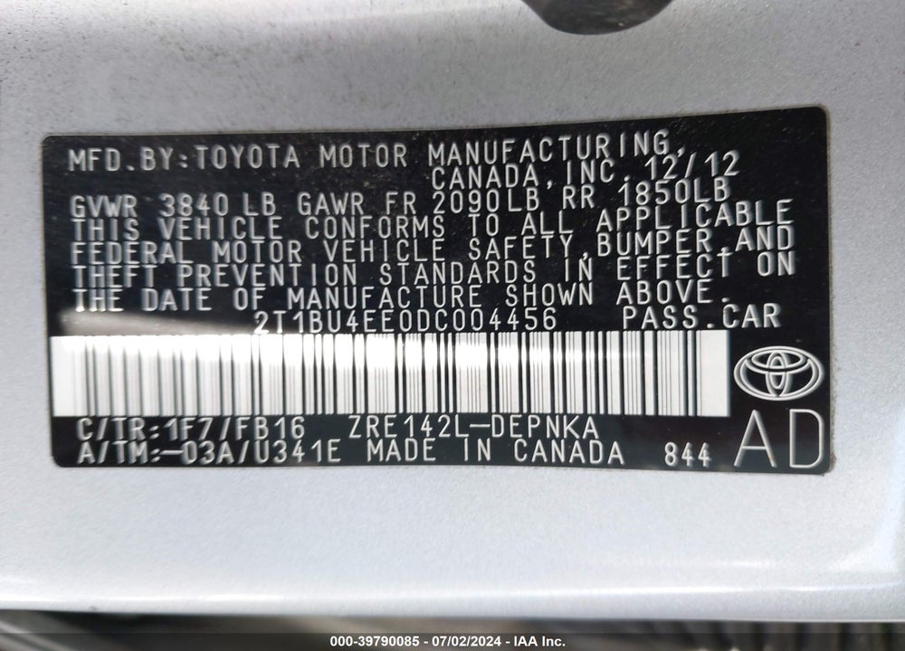 2013 TOYOTA COROLLA LE VIN: 2T1BU4EE0DC004456