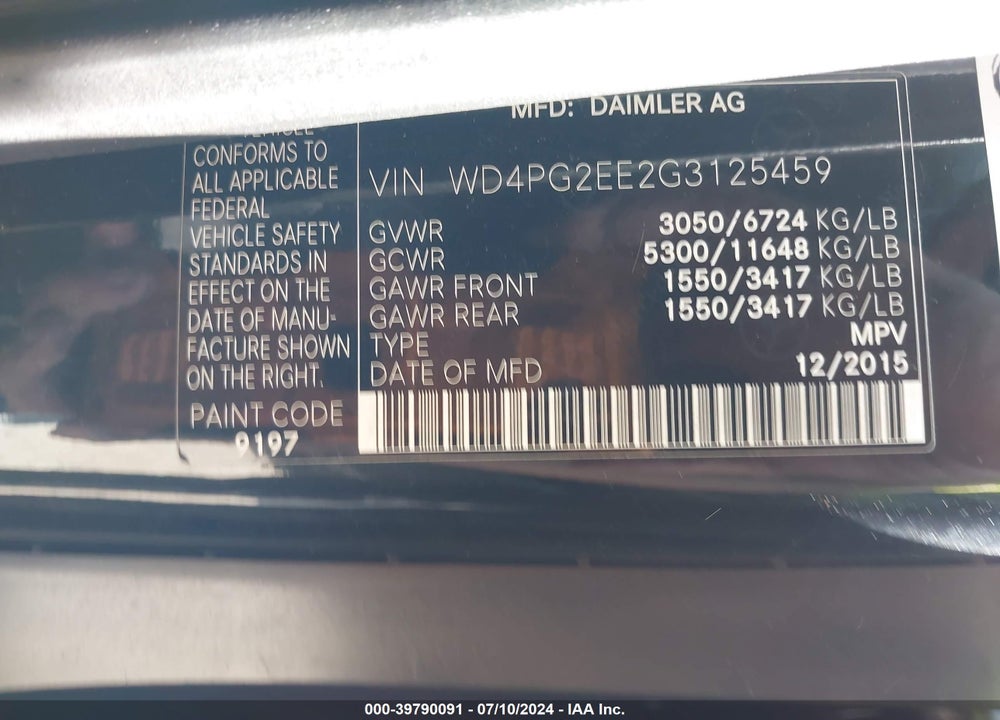 2016 MERCEDES-BENZ METRIS VIN: WD4PG2EE2G3125459