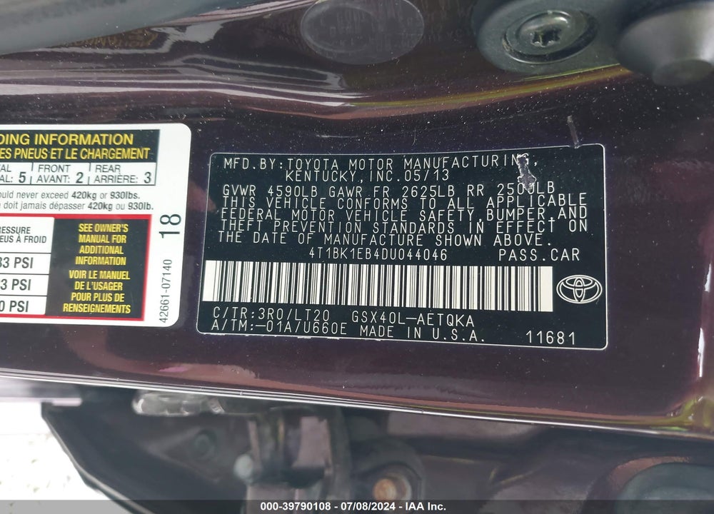 2013 TOYOTA AVALON XLE TOURING VIN: 4T1BK1EB4DU044046