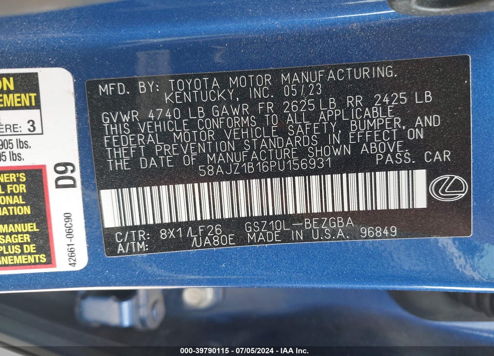 2023 LEXUS ES 350 F-SPORT HANDLING VIN: 58AJZ1B16PU156931