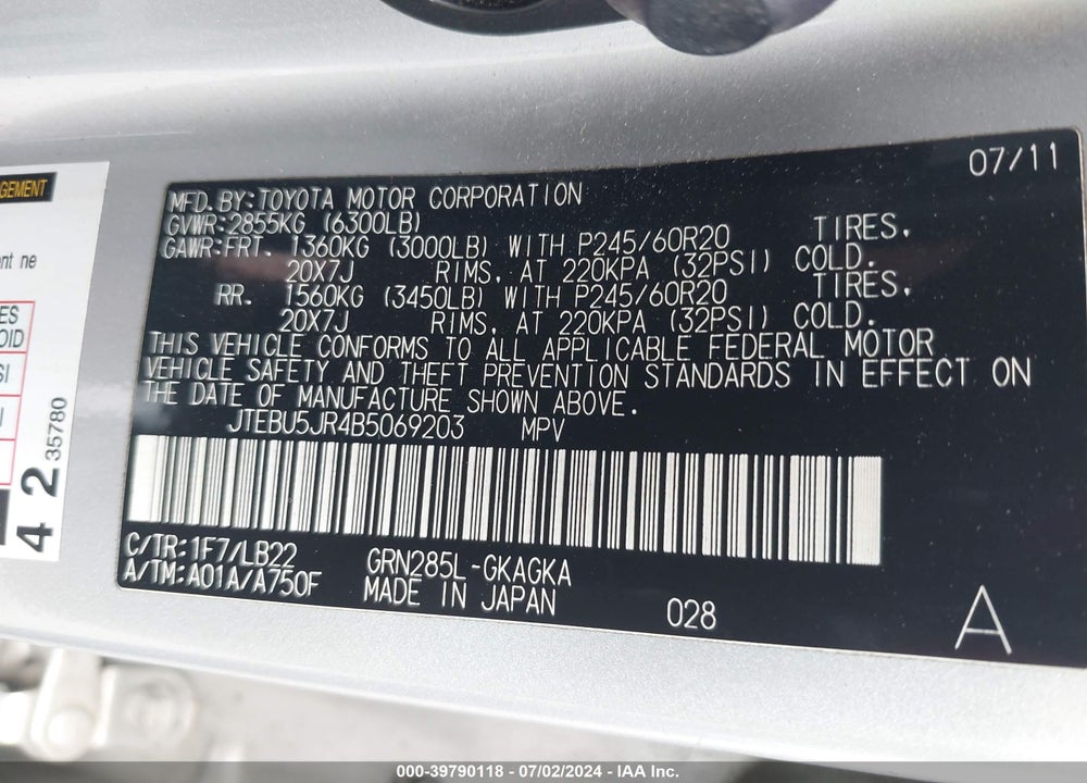 2011 TOYOTA 4RUNNER LIMITED V6 VIN: JTEBU5JR4B5069203