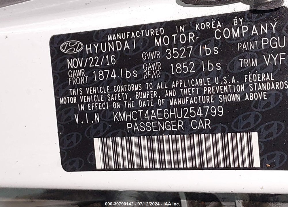 2017 HYUNDAI ACCENT VALUE EDITION VIN: KMHCT4AE6HU254799