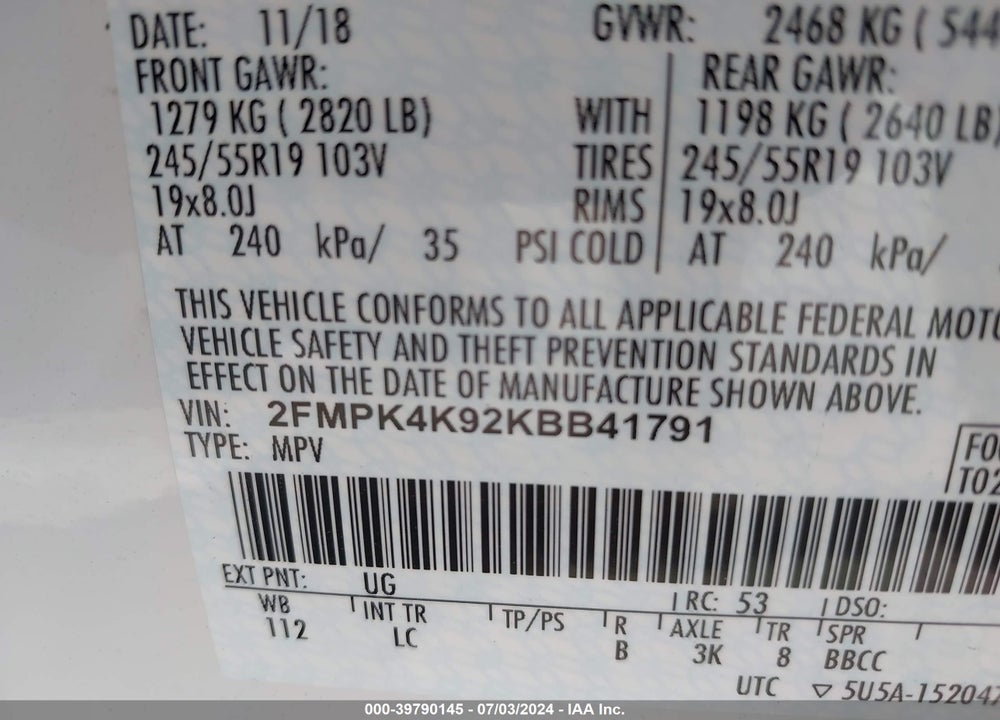 2019 FORD EDGE TITANIUM VIN: 2FMPK4K92KBB41791