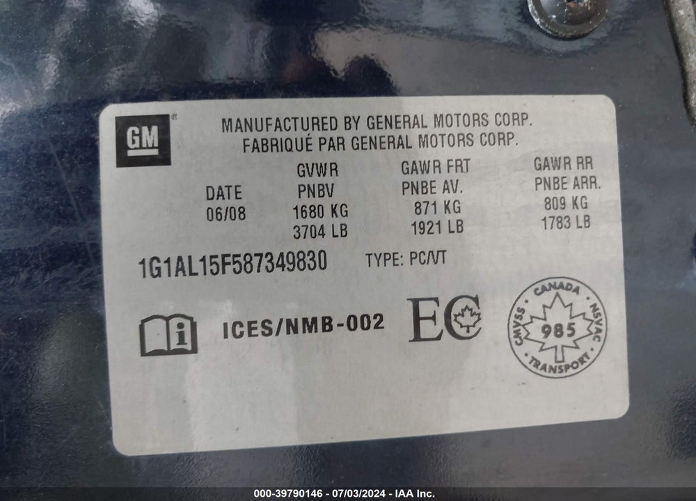 2008 CHEVROLET COBALT LT VIN: 1G1AL15F587349830