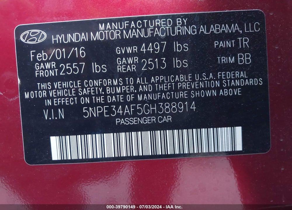 2016 HYUNDAI SONATA SPORT VIN: 5NPE34AF5GH388914