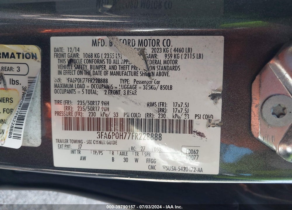 2015 FORD FUSION SE VIN: 3FA6P0H77FR228888