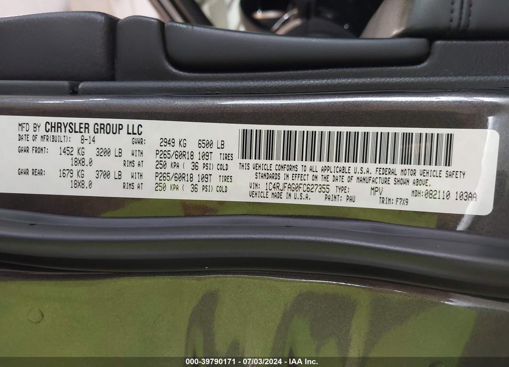 2015 JEEP GRAND CHEROKEE LAREDO VIN: 1C4RJFAG0FC627355
