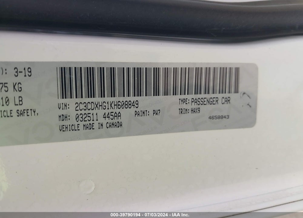 2019 DODGE CHARGER GT RWD VIN: 2C3CDXHG1KH608849