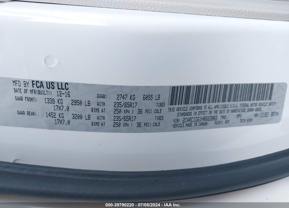 2017 CHRYSLER PACIFICA TOURING VIN: 2C4RC1DG1HR663865