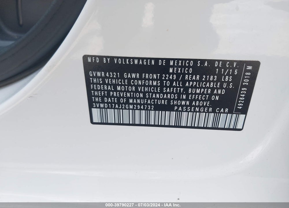 2016 VOLKSWAGEN JETTA 1.8T SPORT VIN: 3VWD17AJ2GM294732