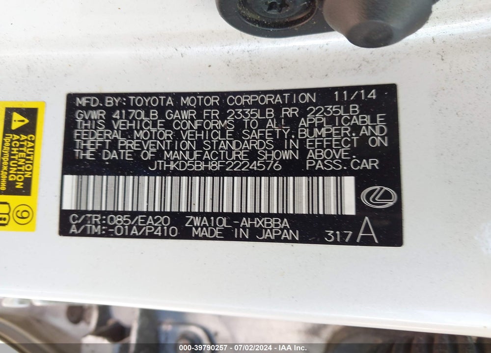 2015 LEXUS CT 200H VIN: JTHKD5BH8F2224576