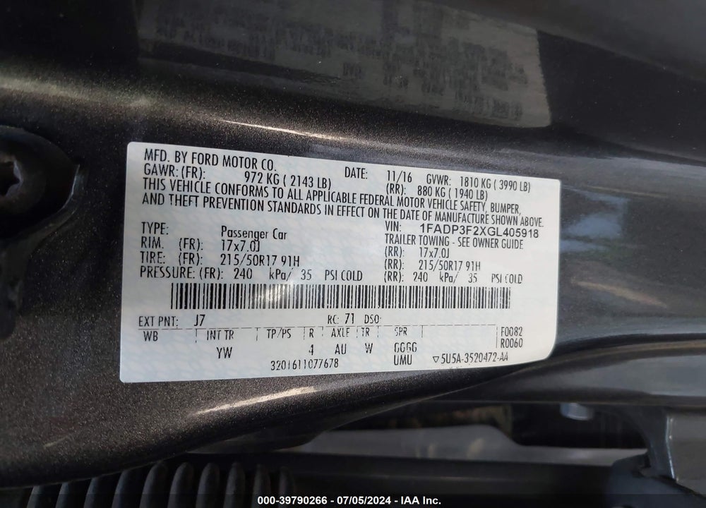 2016 FORD FOCUS SE VIN: 1FADP3F2XGL405918