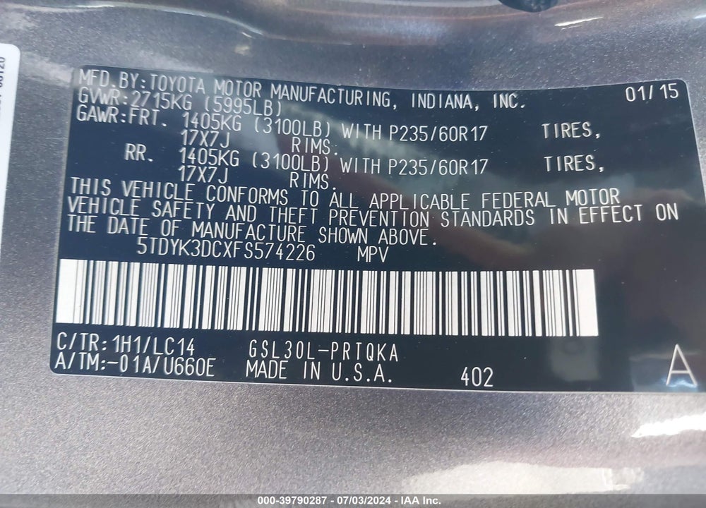 2015 TOYOTA SIENNA VIN: 5TDYK3DCXFS574226